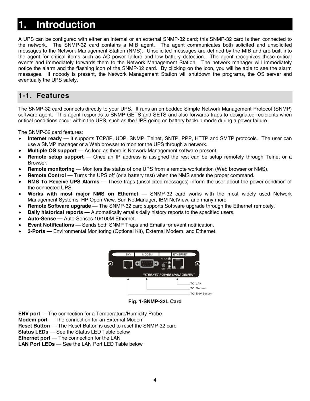 Minuteman UPS SNMP-32 Series user manual Introduction, Features, SNMP-32L Card 
