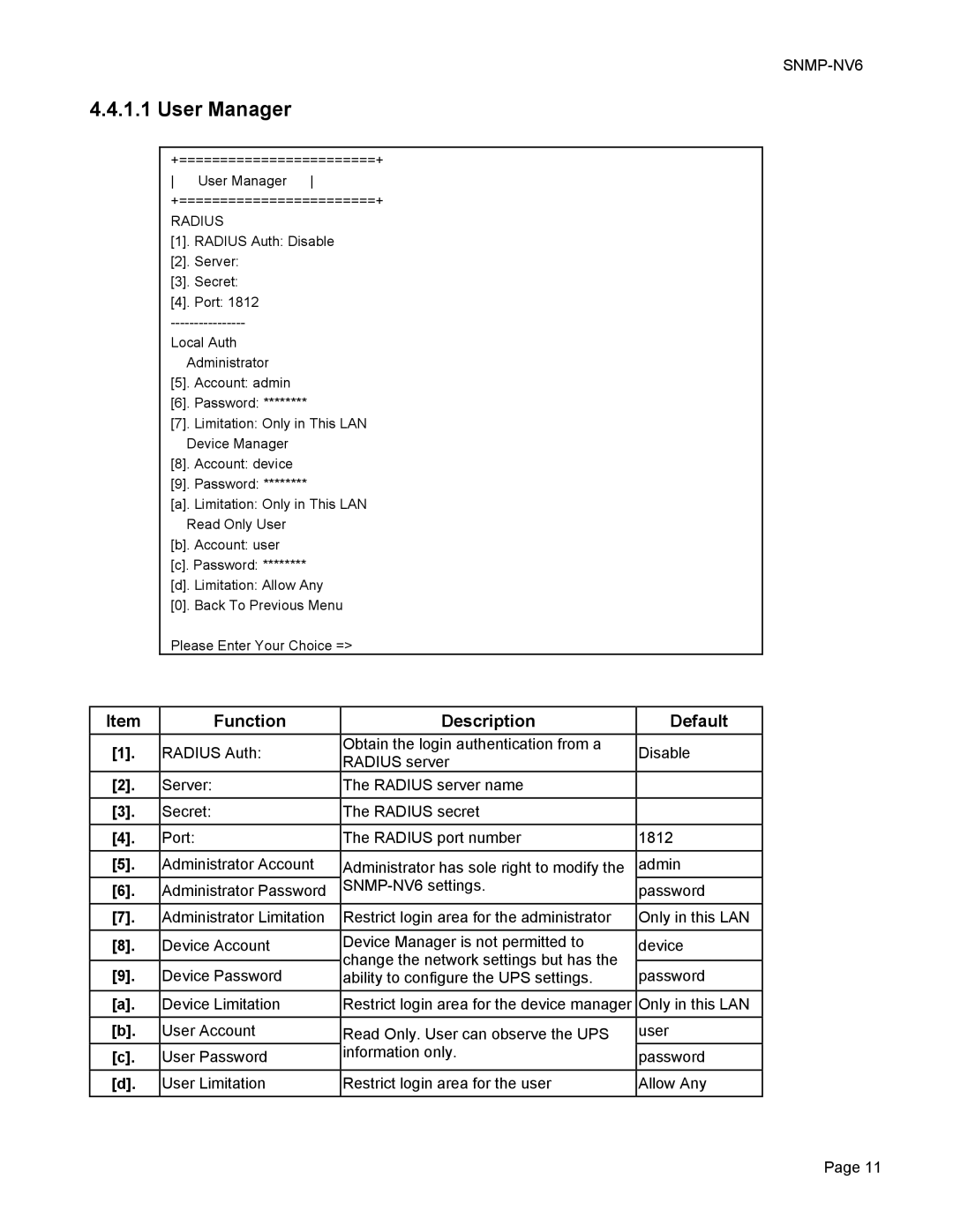 Minuteman UPS SNMP-NV6 user manual User Manager, Radius 