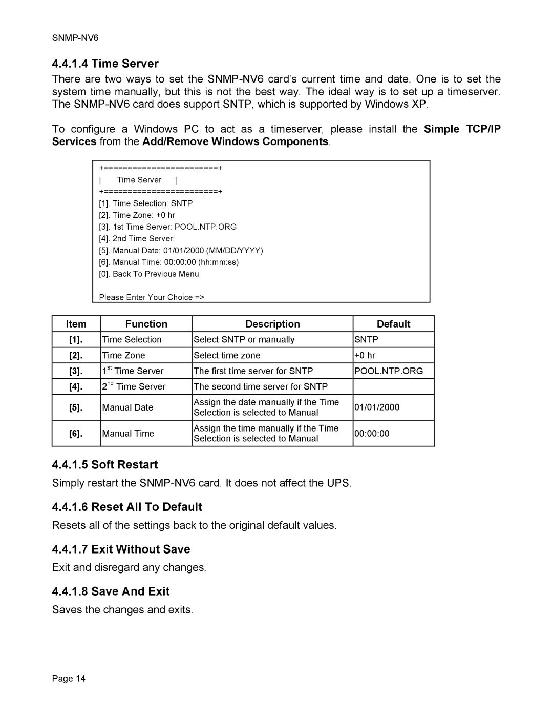 Minuteman UPS SNMP-NV6 user manual Time Server, Soft Restart, Reset All To Default, Exit Without Save, Save And Exit 