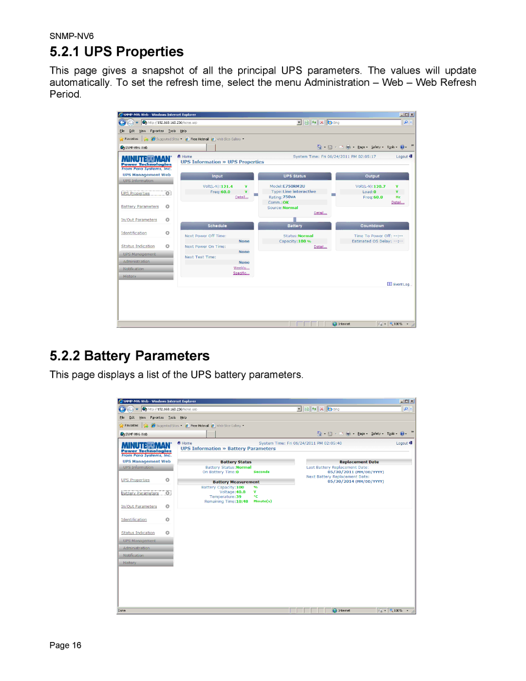 Minuteman UPS SNMP-NV6 user manual UPS Properties, Battery Parameters 