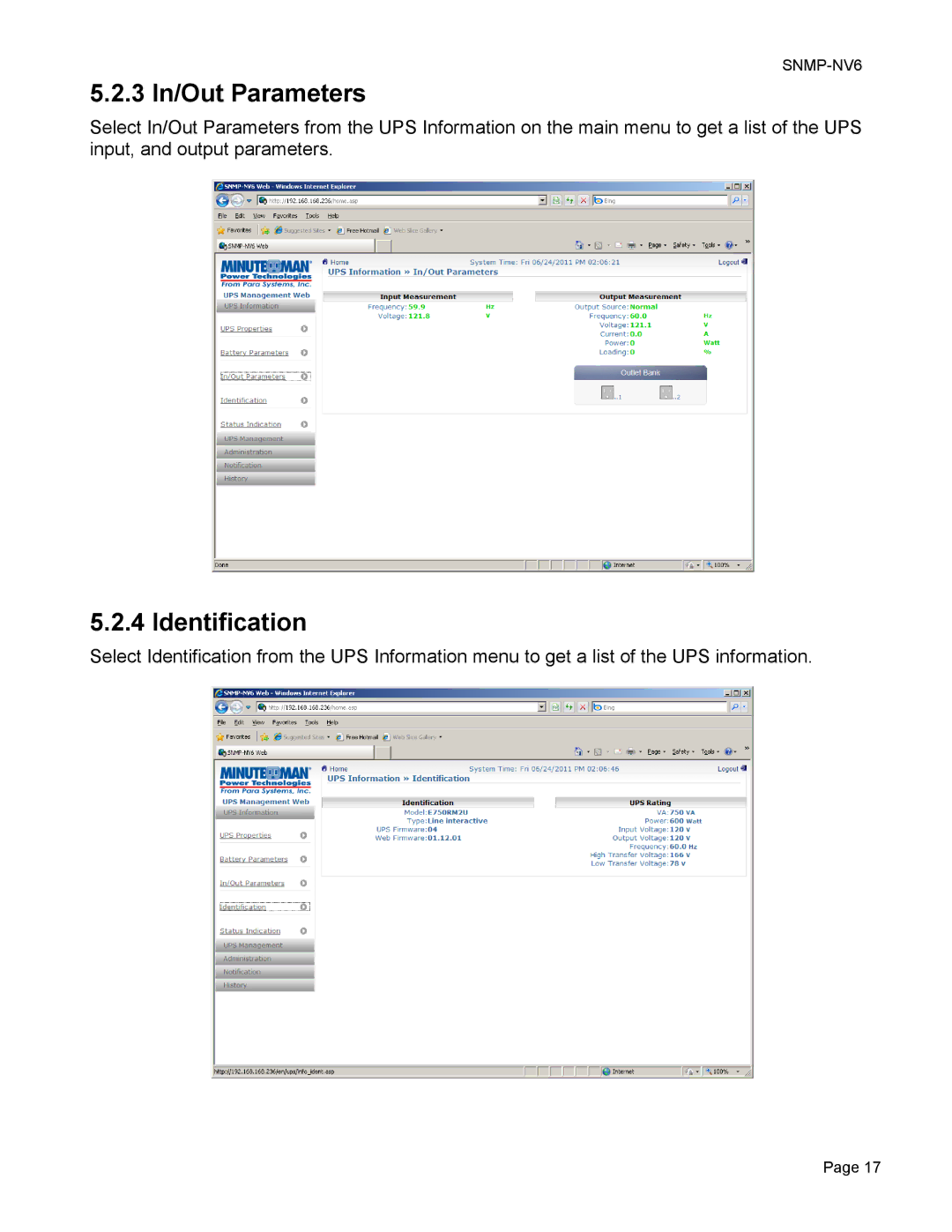 Minuteman UPS SNMP-NV6 user manual 3 In/Out Parameters, Identification 