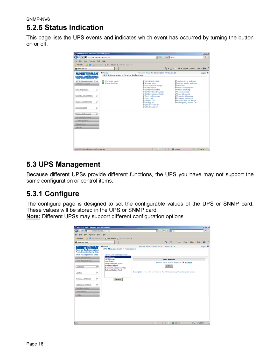 Minuteman UPS SNMP-NV6 user manual Status Indication, UPS Management, Configure 