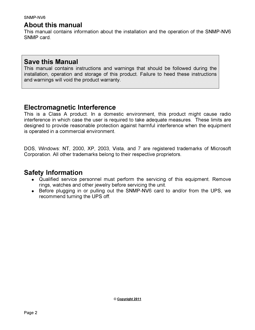 Minuteman UPS SNMP-NV6 user manual About this manual, Save this Manual, Electromagnetic Interference, Safety Information 