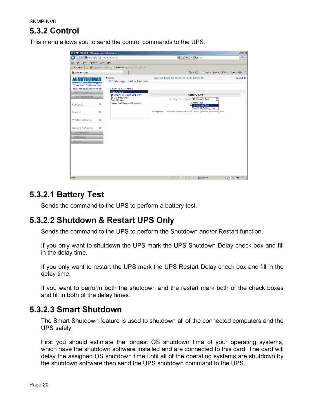 Minuteman UPS SNMP-NV6 user manual Control, Battery Test, Shutdown & Restart UPS Only 