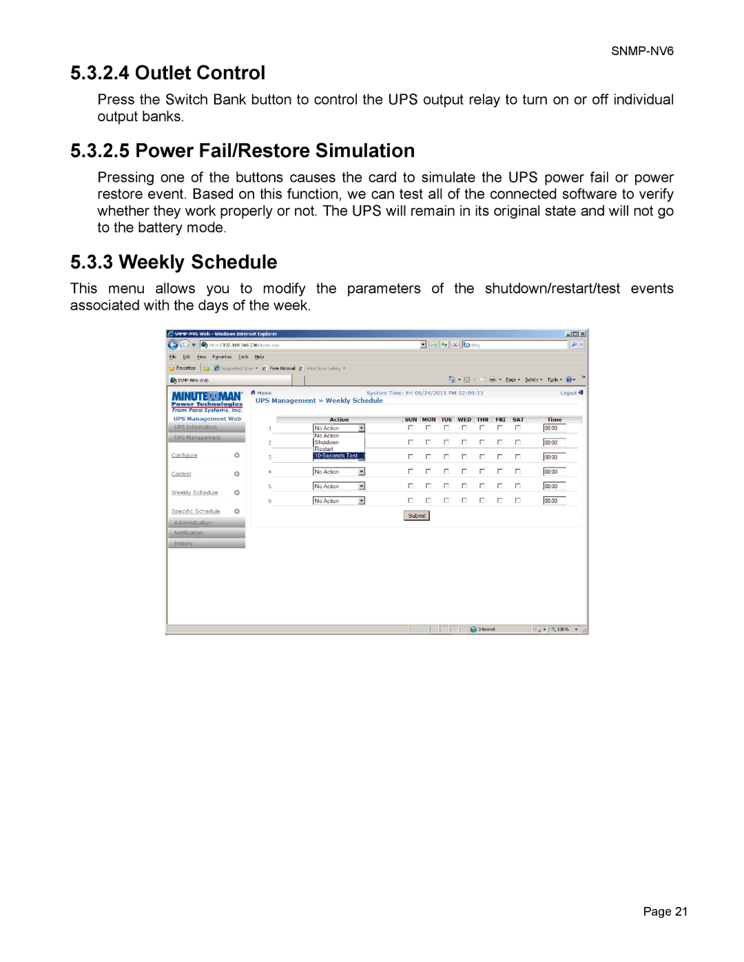 Minuteman UPS SNMP-NV6 user manual Outlet Control, Power Fail/Restore Simulation, Weekly Schedule 