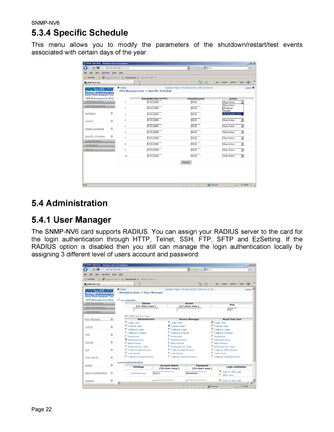 Minuteman UPS SNMP-NV6 user manual Specific Schedule, Administration User Manager 