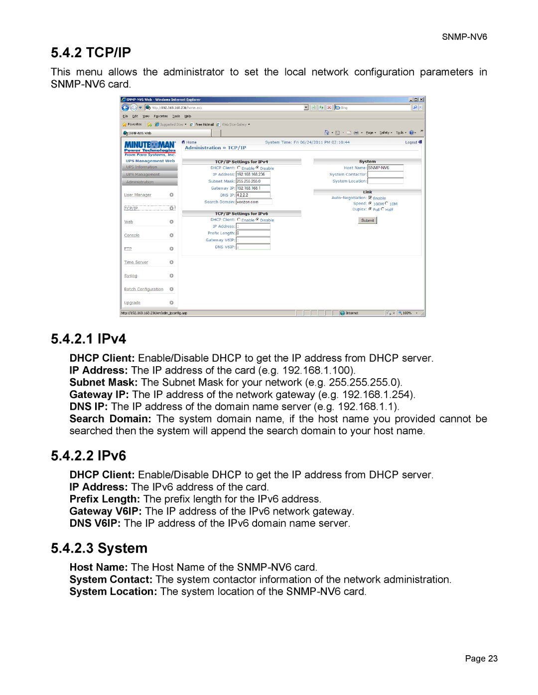 Minuteman UPS SNMP-NV6 user manual 2 TCP/IP, 2.1 IPv4, 2.2 IPv6, System 