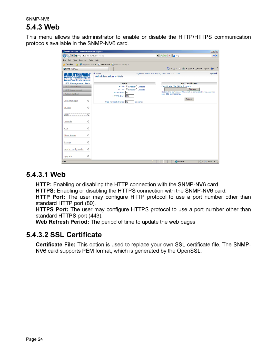 Minuteman UPS SNMP-NV6 user manual 3 Web, 3.1 Web, SSL Certificate 