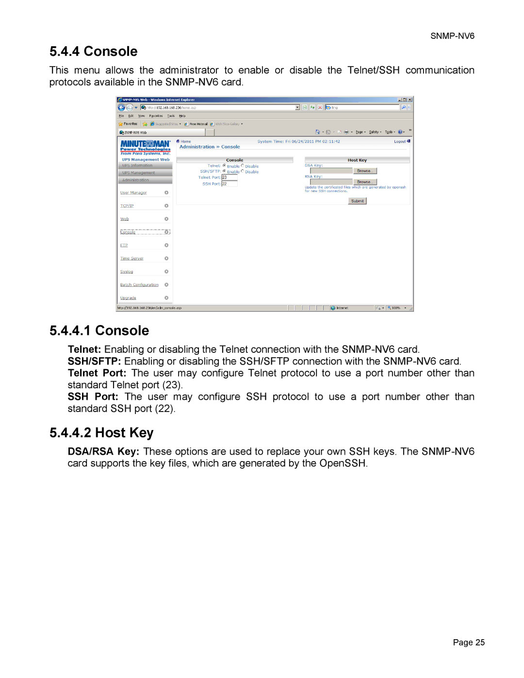 Minuteman UPS SNMP-NV6 user manual Console, Host Key 