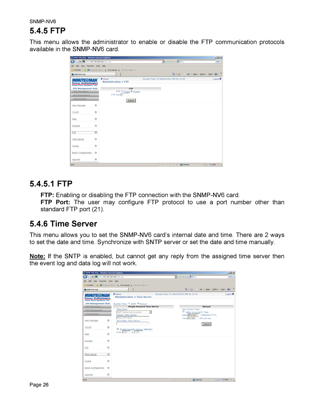 Minuteman UPS SNMP-NV6 user manual 5 FTP, 5.1 FTP, Time Server 