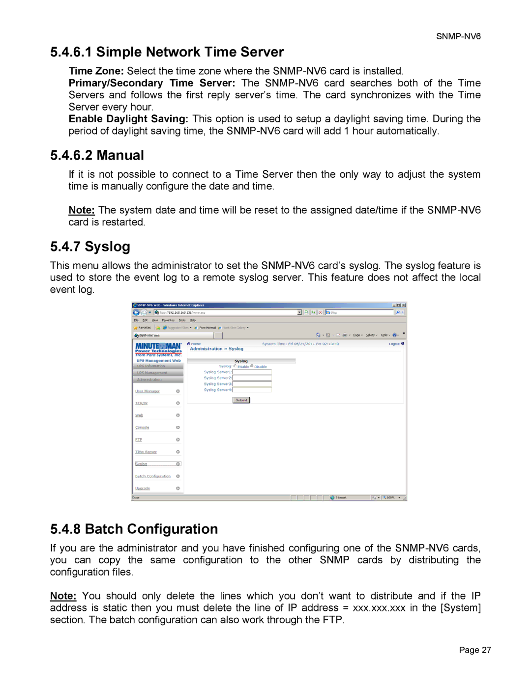 Minuteman UPS SNMP-NV6 user manual Simple Network Time Server, Manual, Syslog, Batch Configuration 