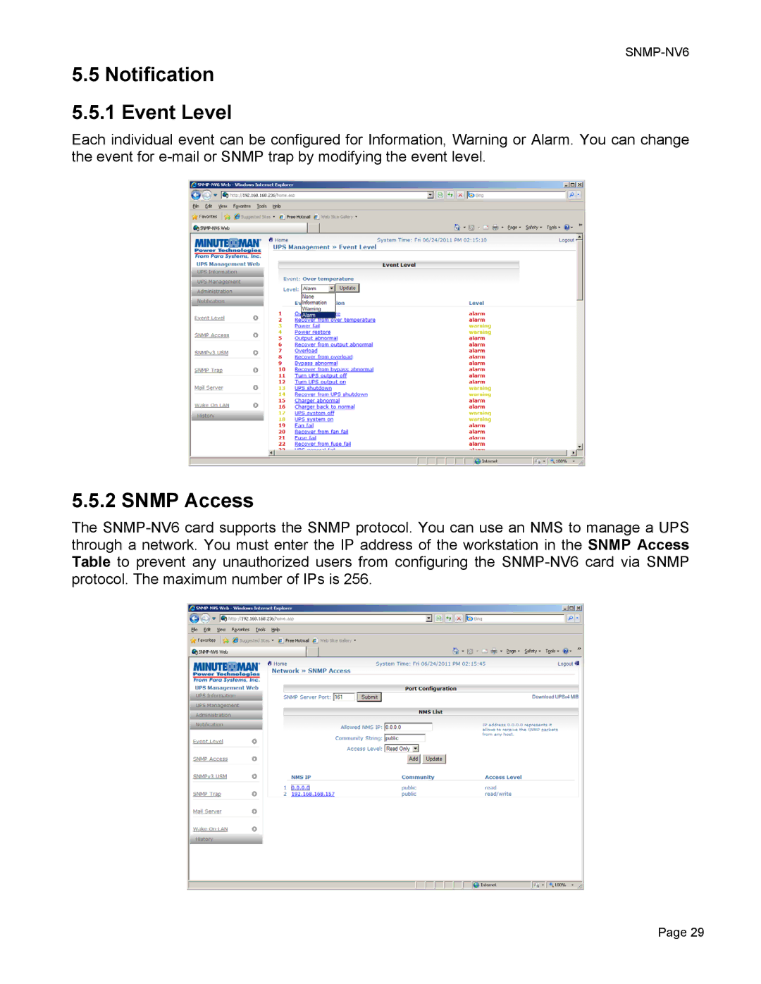 Minuteman UPS SNMP-NV6 user manual Notification Event Level, Snmp Access 