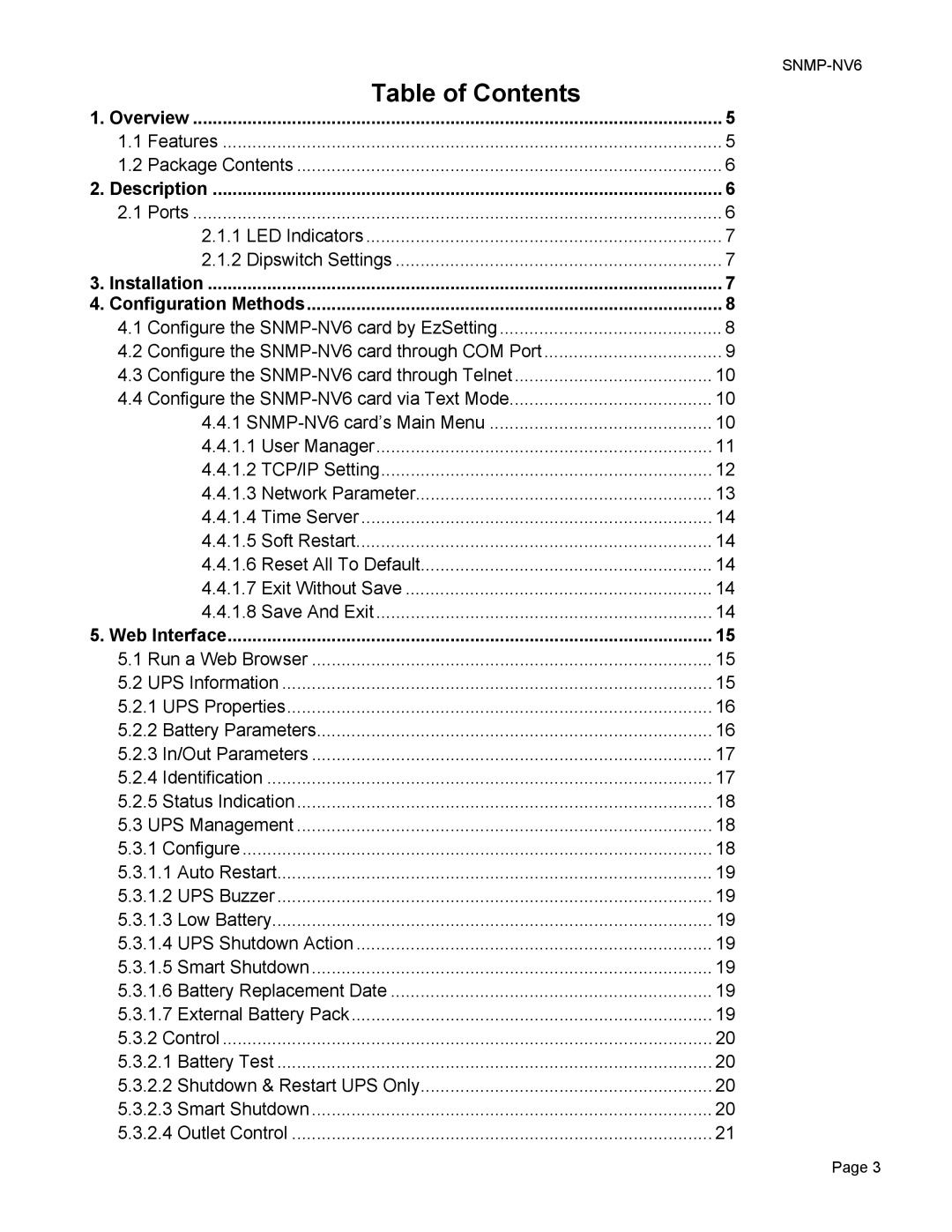 Minuteman UPS SNMP-NV6 user manual Table of Contents 