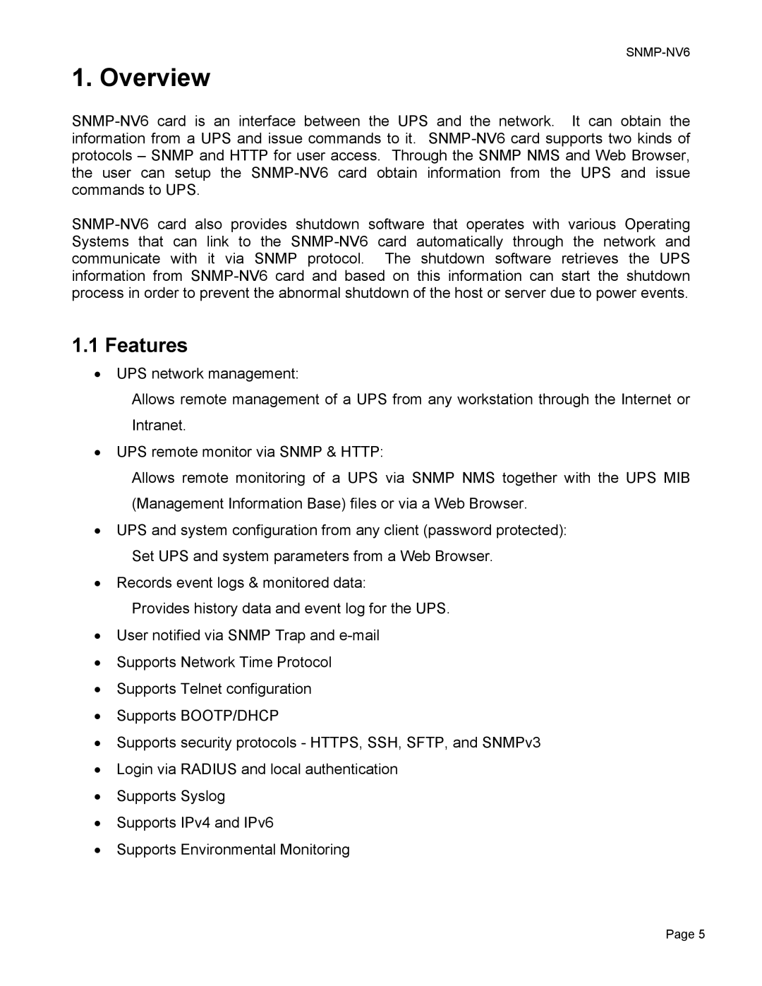 Minuteman UPS SNMP-NV6 user manual Overview, Features 