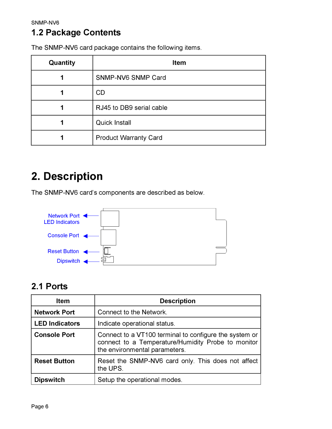 Minuteman UPS SNMP-NV6 user manual Description, Package Contents, Ports 