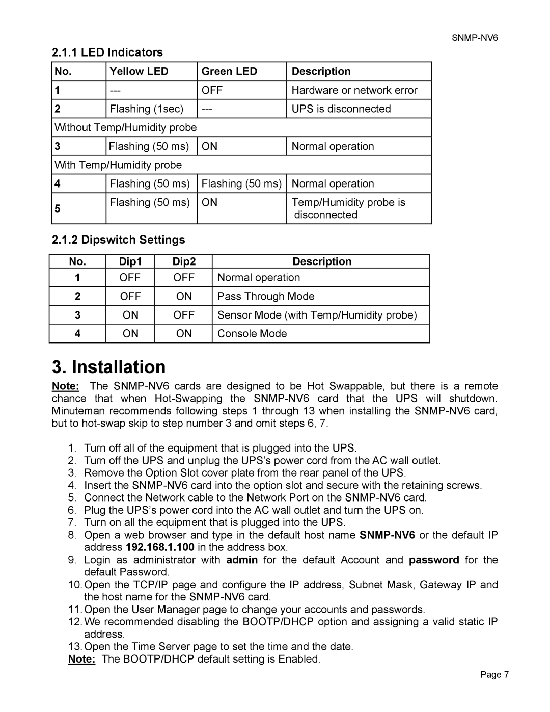 Minuteman UPS SNMP-NV6 user manual Installation, LED Indicators, Dipswitch Settings 