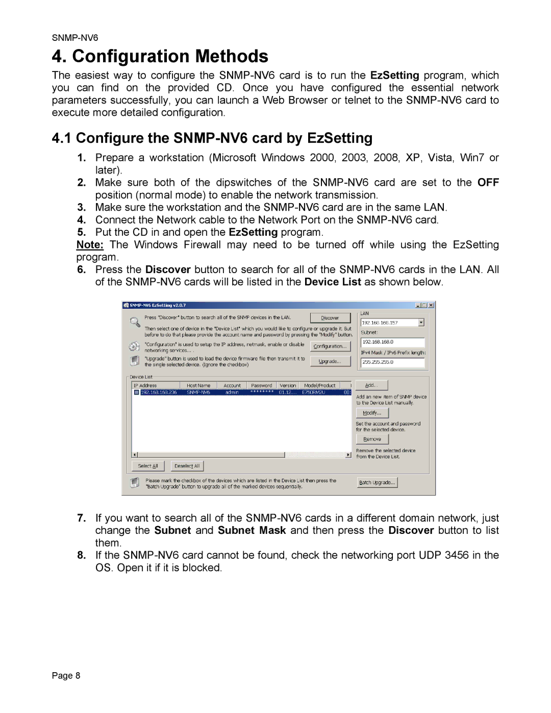 Minuteman UPS user manual Configuration Methods, Configure the SNMP-NV6 card by EzSetting 