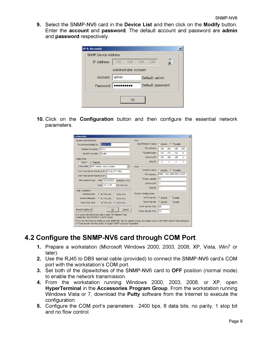 Minuteman UPS user manual Configure the SNMP-NV6 card through COM Port 