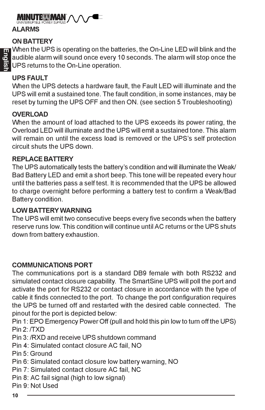 Minuteman UPS Alarms On Battery, UPS Fault, Overload, Replace Battery, LOW Battery Warning, Communications Port 