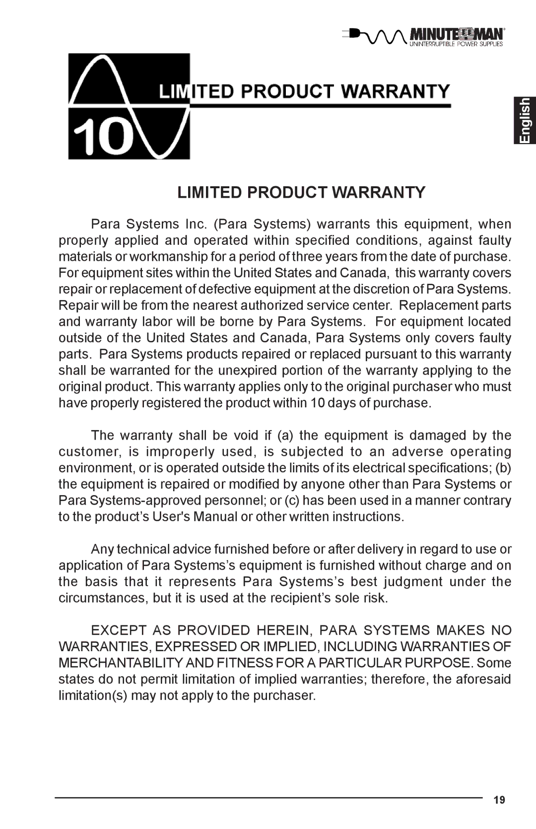 Minuteman UPS UPS user manual Limited Product Warranty 