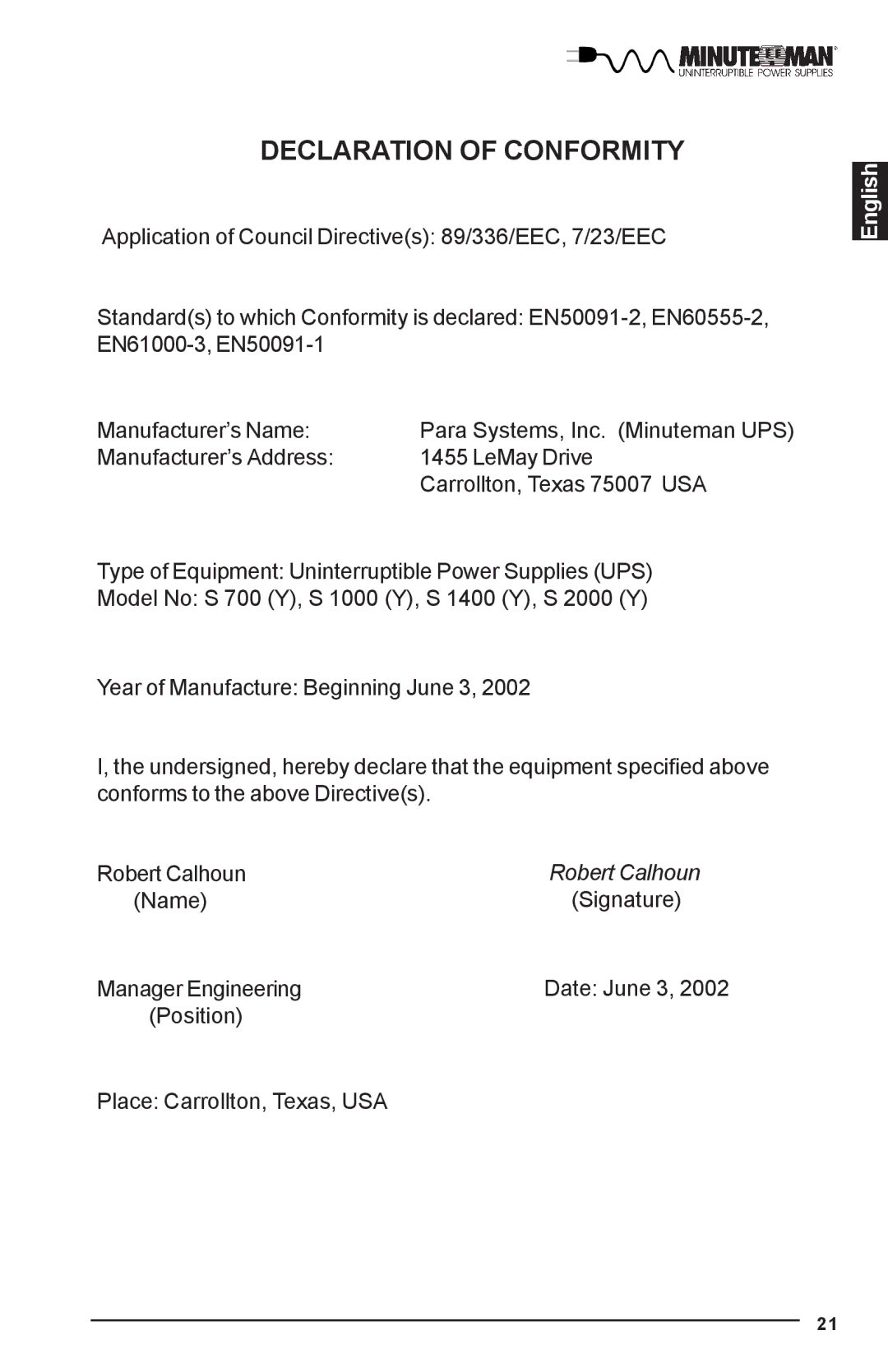 Minuteman UPS UPS user manual Declaration of Conformity 