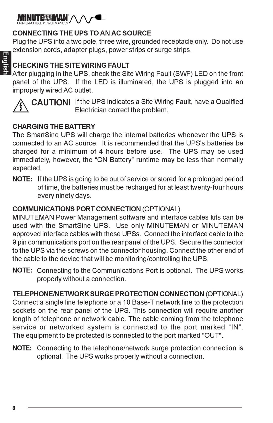 Minuteman UPS user manual Connecting the UPS to AN AC Source, Checking the Site Wiring Fault, Charging the Battery 