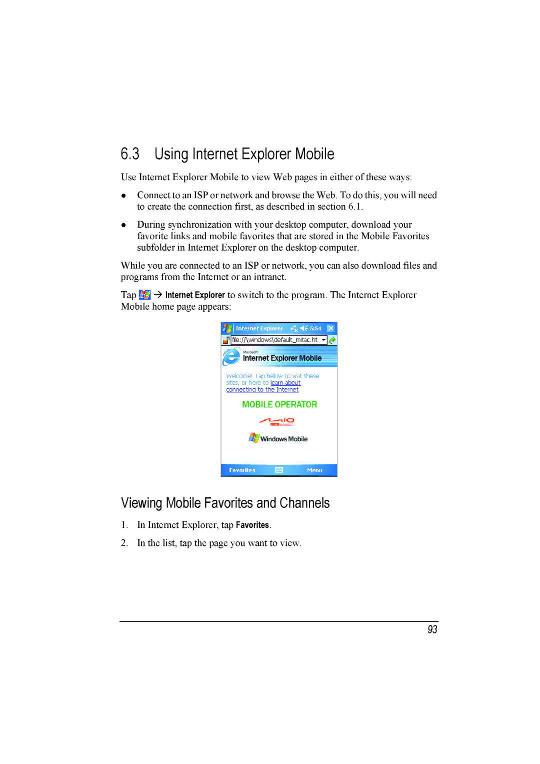 Mio A201 manual Using Internet Explorer Mobile, Viewing Mobile Favorites and Channels 