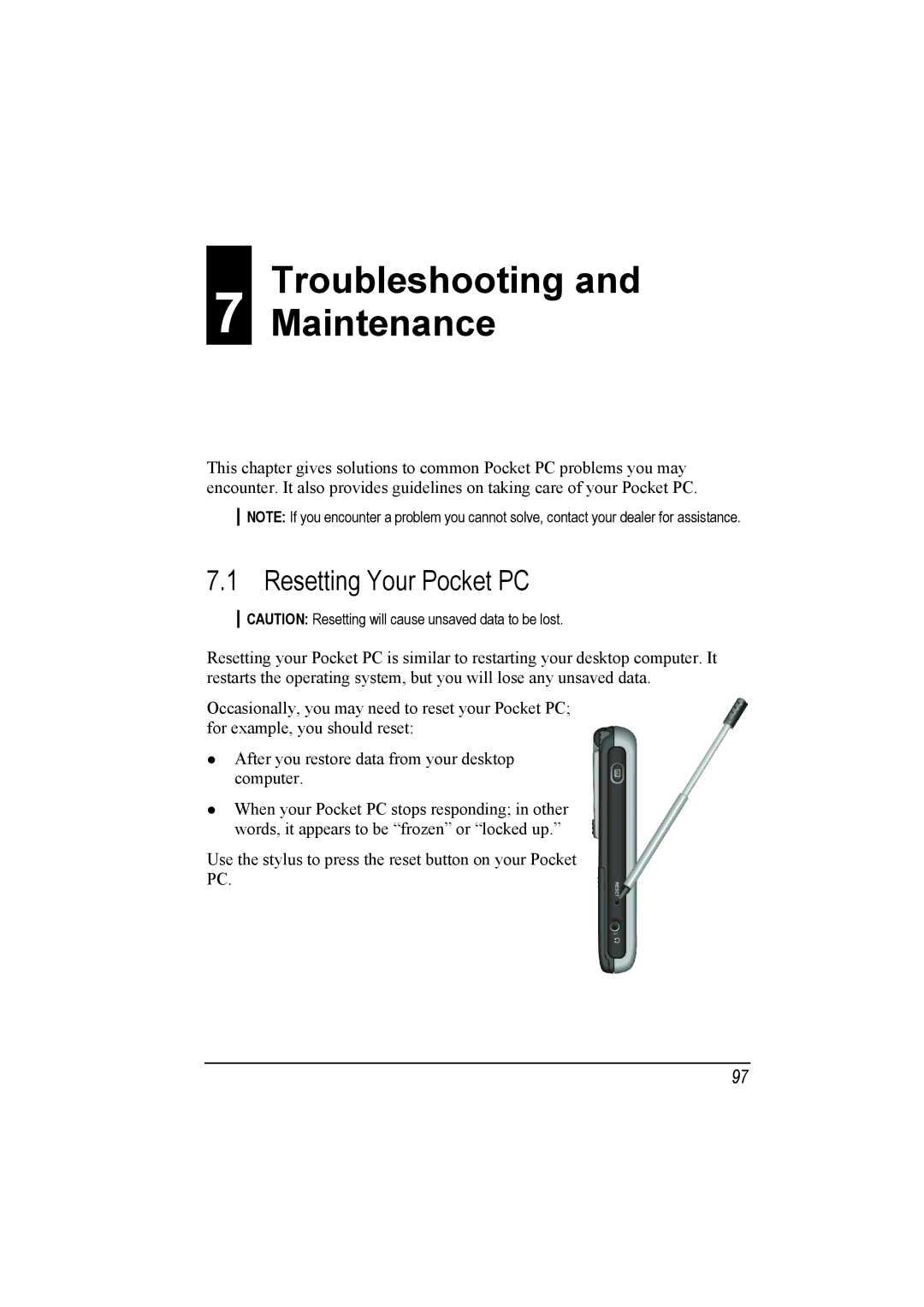 Mio A201 manual Troubleshooting, Maintenance, Resetting Your Pocket PC 