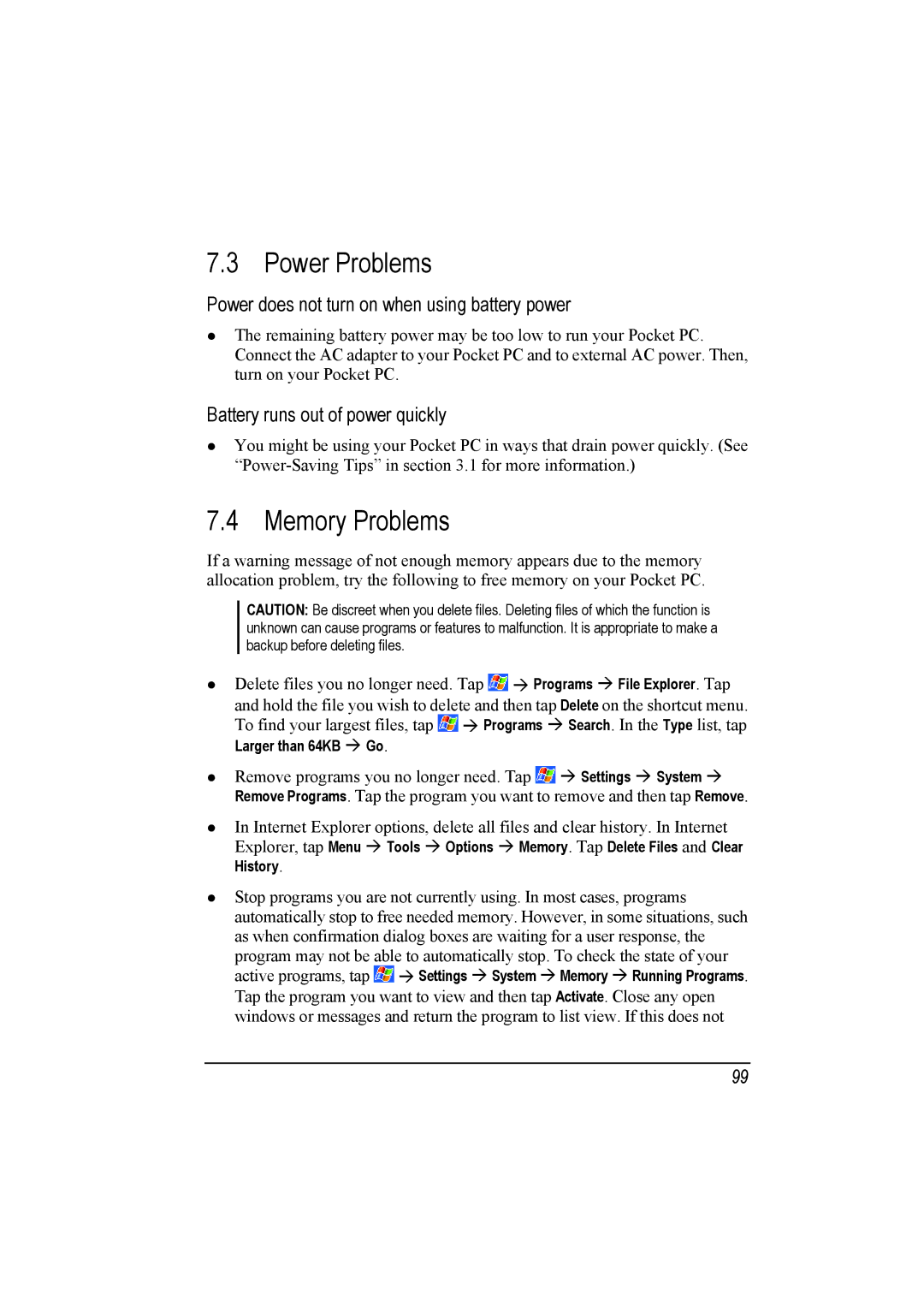 Mio A201 manual Power Problems, Memory Problems, Power does not turn on when using battery power 