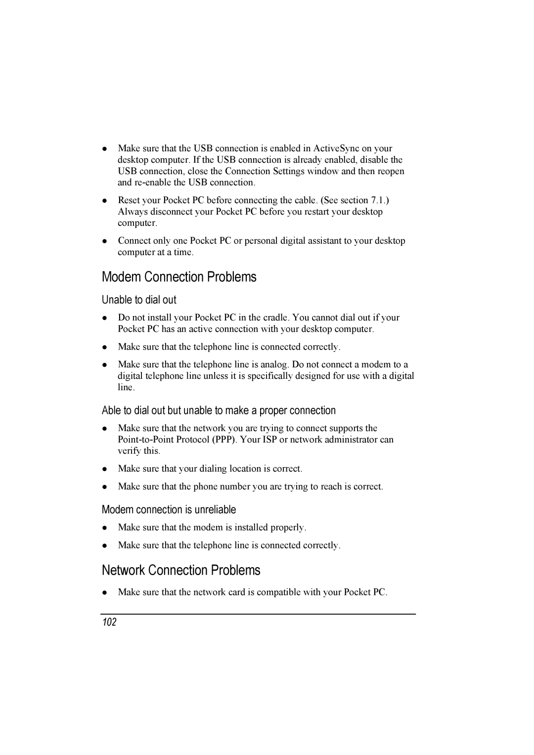 Mio A201 manual Modem Connection Problems, Network Connection Problems, Unable to dial out, Modem connection is unreliable 