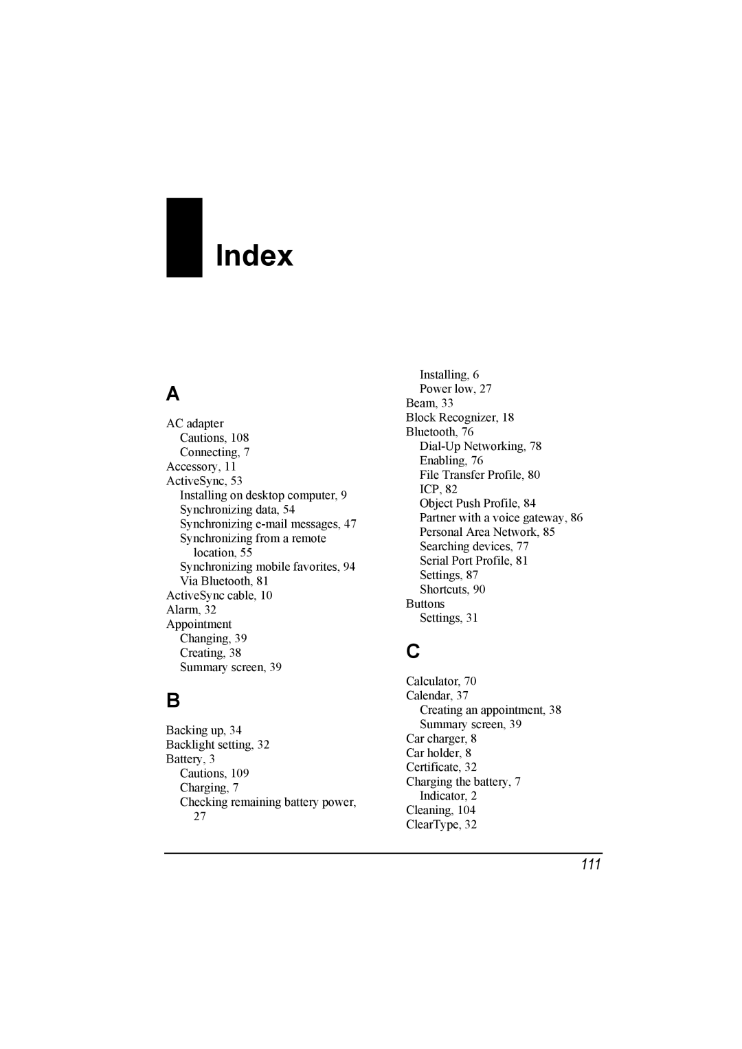 Mio A201 manual Index, 111 