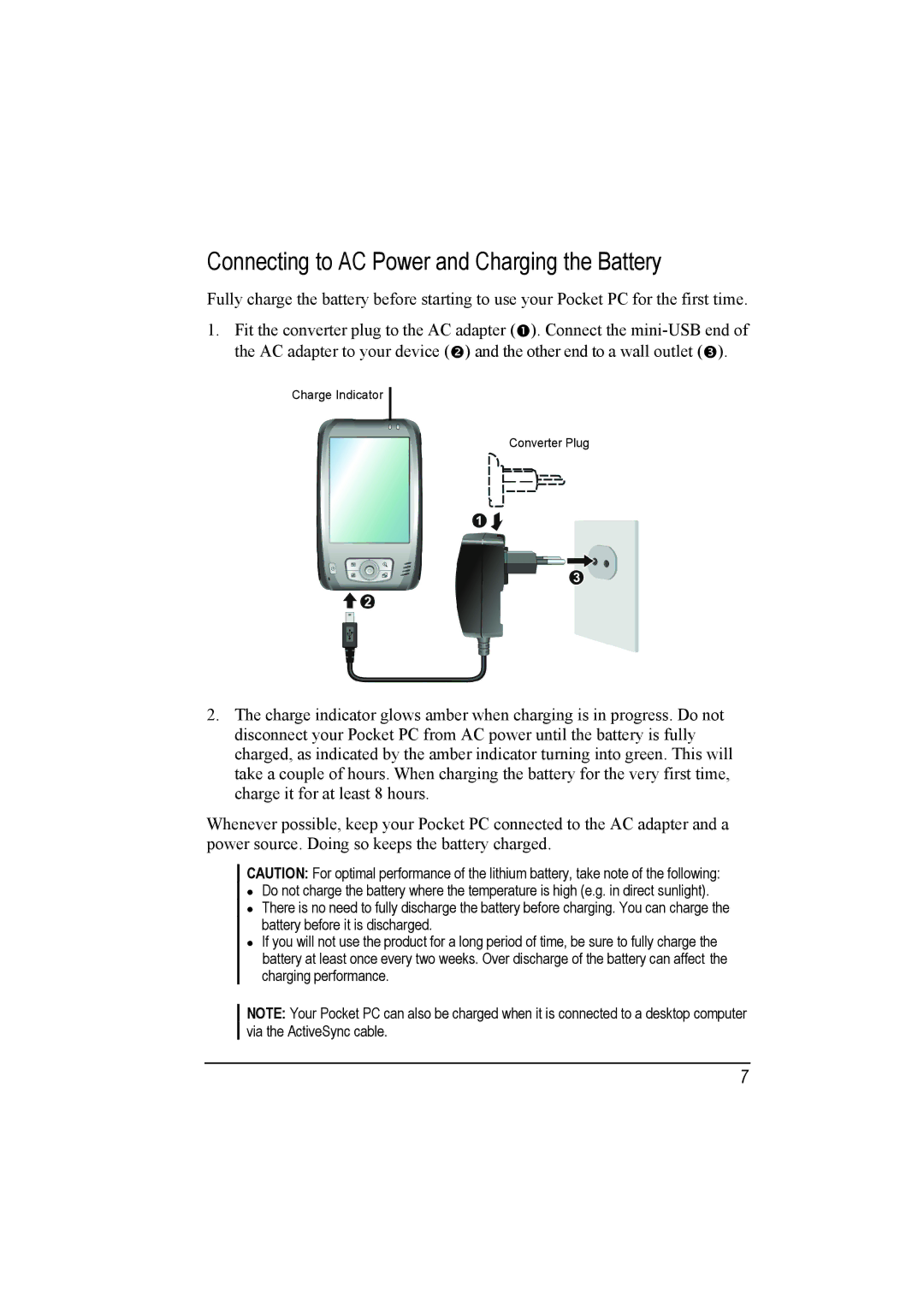 Mio A201 manual Connecting to AC Power and Charging the Battery 