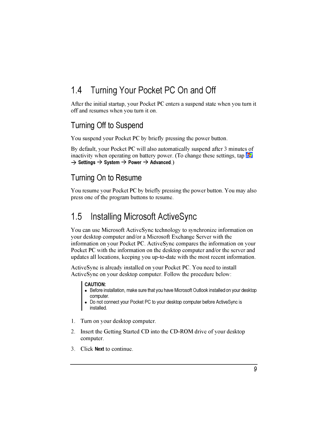 Mio A201 Turning Your Pocket PC On and Off, Installing Microsoft ActiveSync, Turning Off to Suspend, Turning On to Resume 