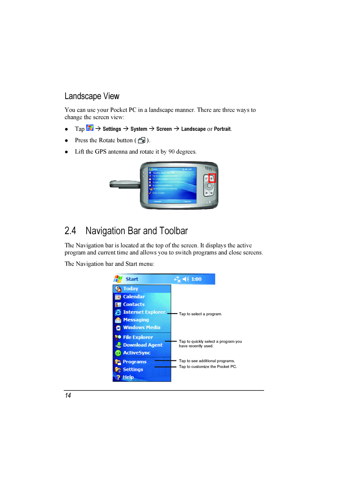 Mio A201 manual Navigation Bar and Toolbar, Landscape View 