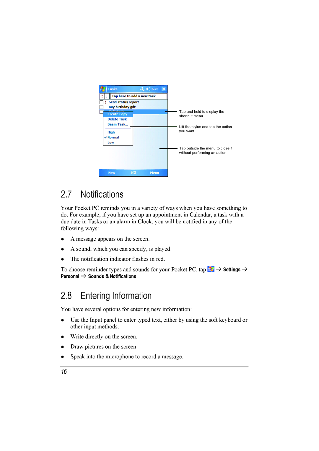 Mio A201 manual Notifications, Entering Information, To choose reminder types and sounds for your Pocket PC, tap 