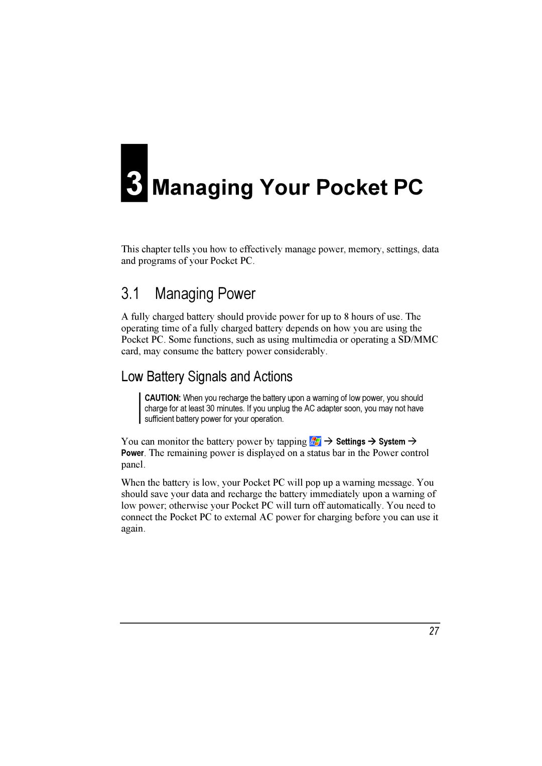 Mio A201 manual Managing Your Pocket PC, Managing Power, Low Battery Signals and Actions 