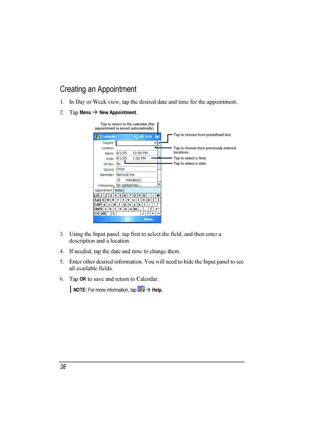 Mio A201 manual Creating an Appointment, Tap Menu New Appointment 