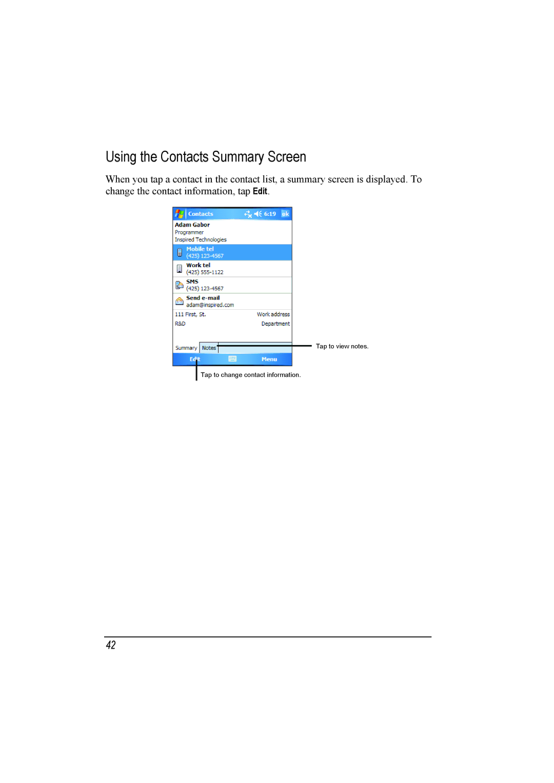 Mio A201 manual Using the Contacts Summary Screen 