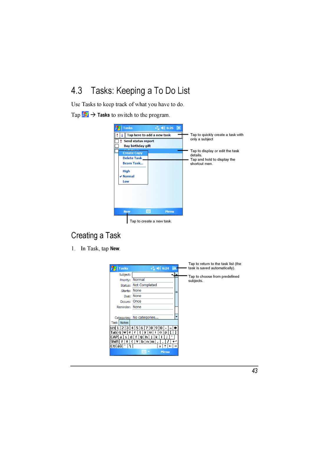 Mio A201 manual Tasks Keeping a To Do List, Creating a Task 