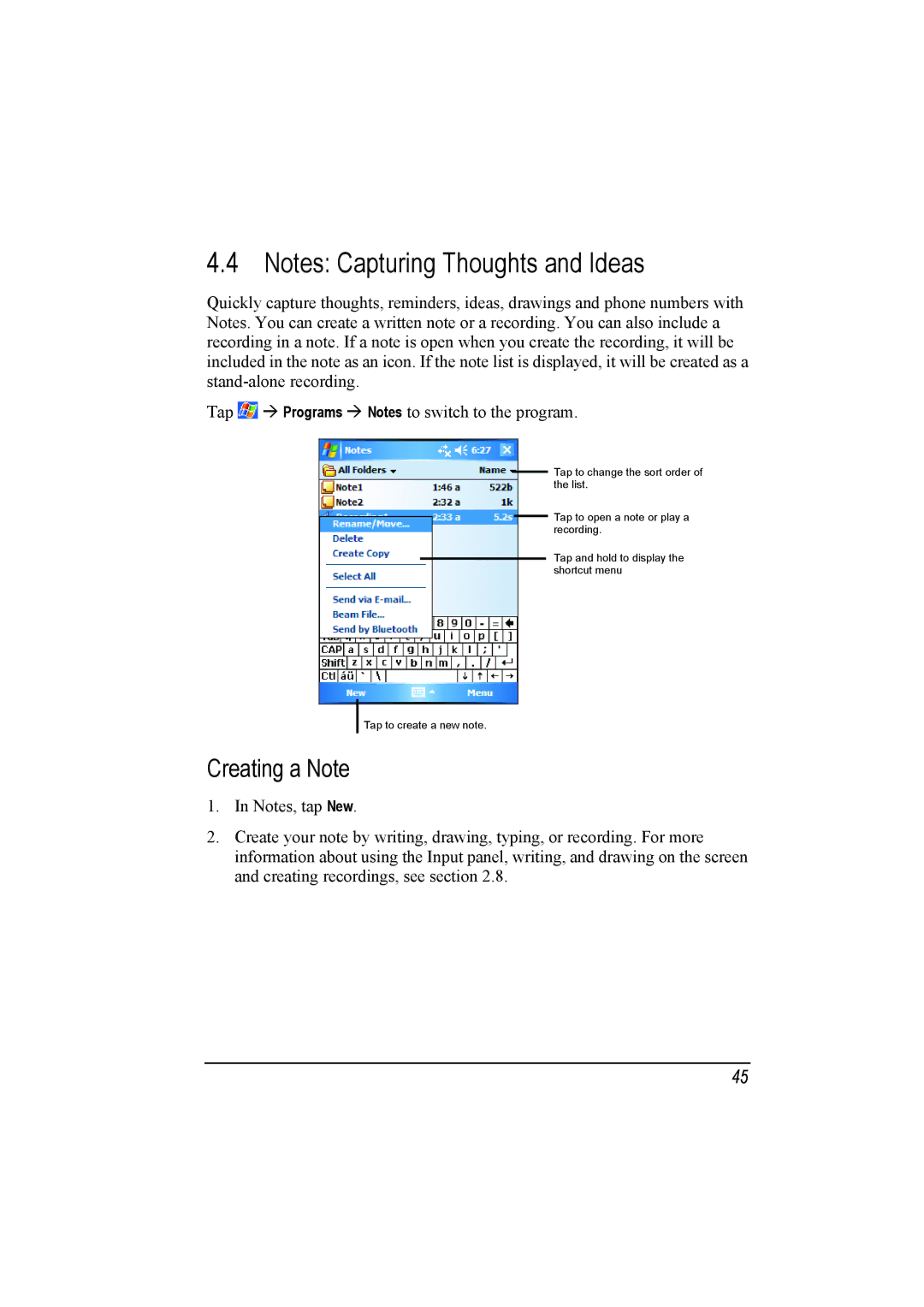 Mio A201 manual Creating a Note, Tap 