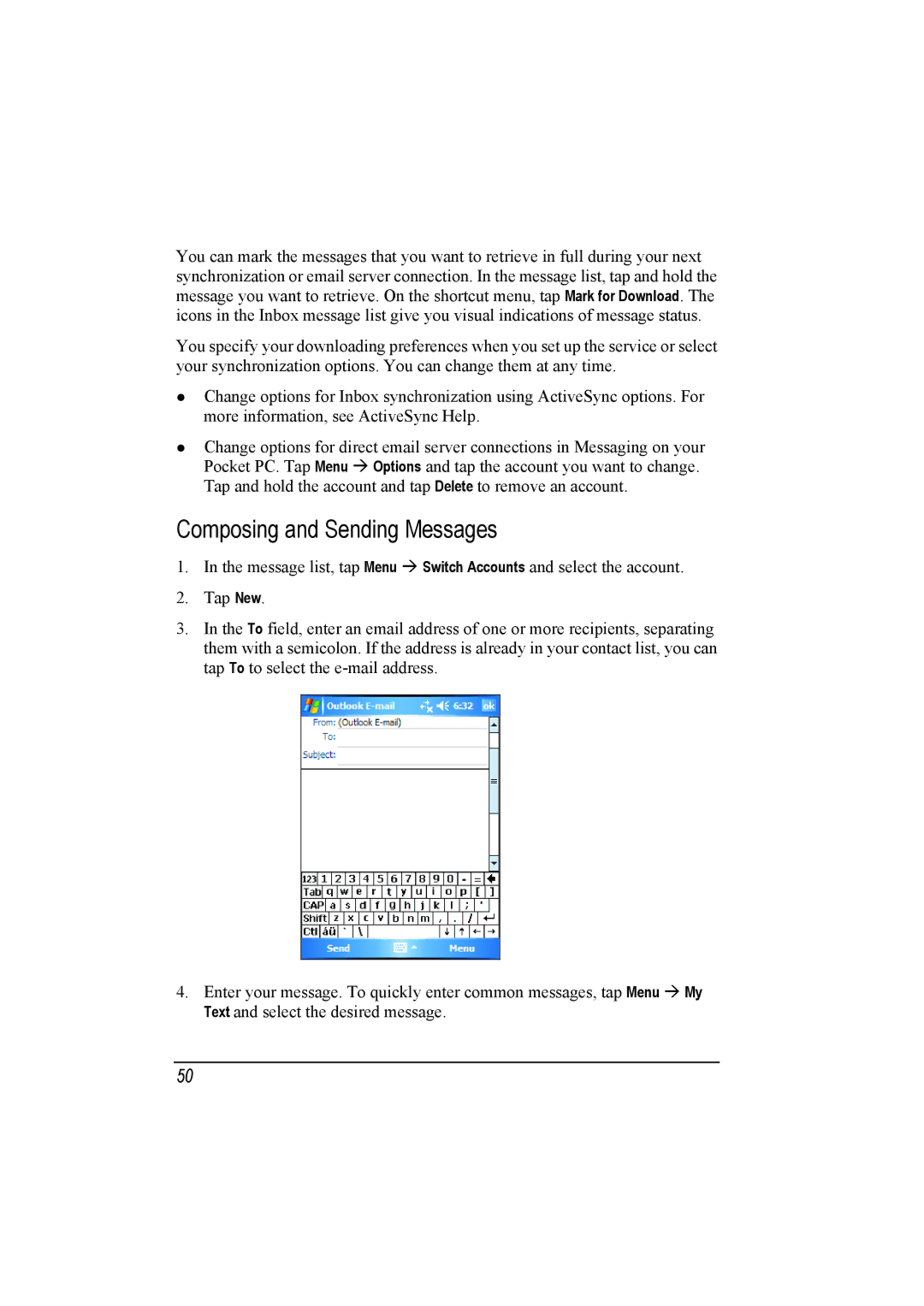 Mio A201 manual Composing and Sending Messages, Message list, tap Menu 