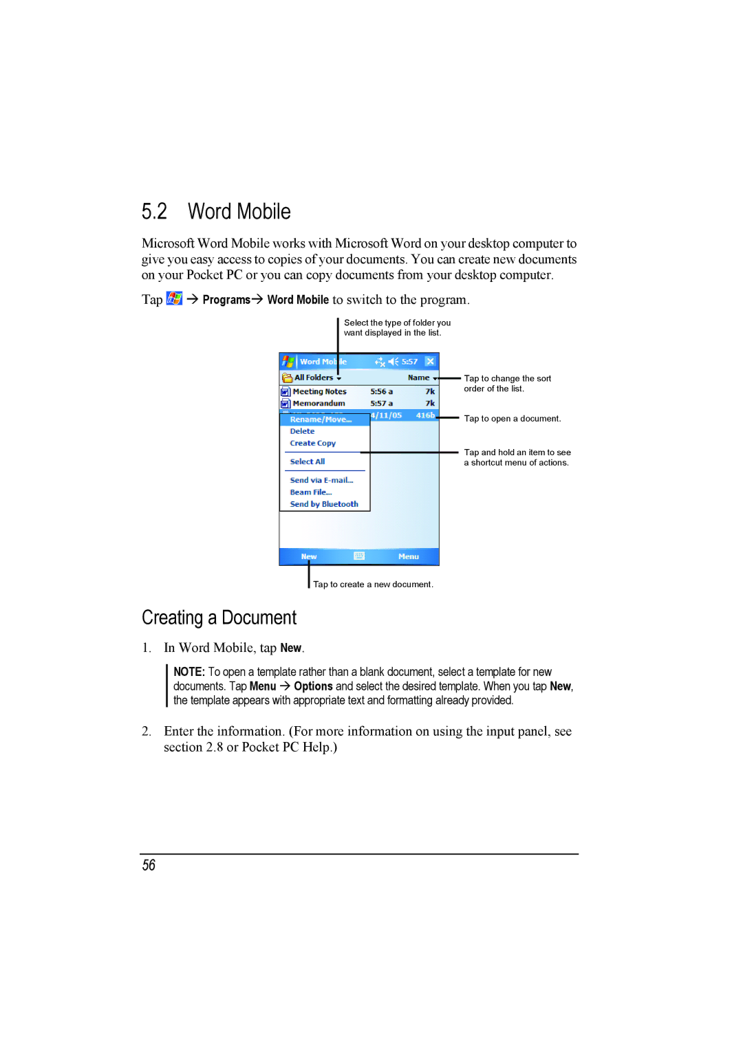 Mio A201 manual Word Mobile, Creating a Document 