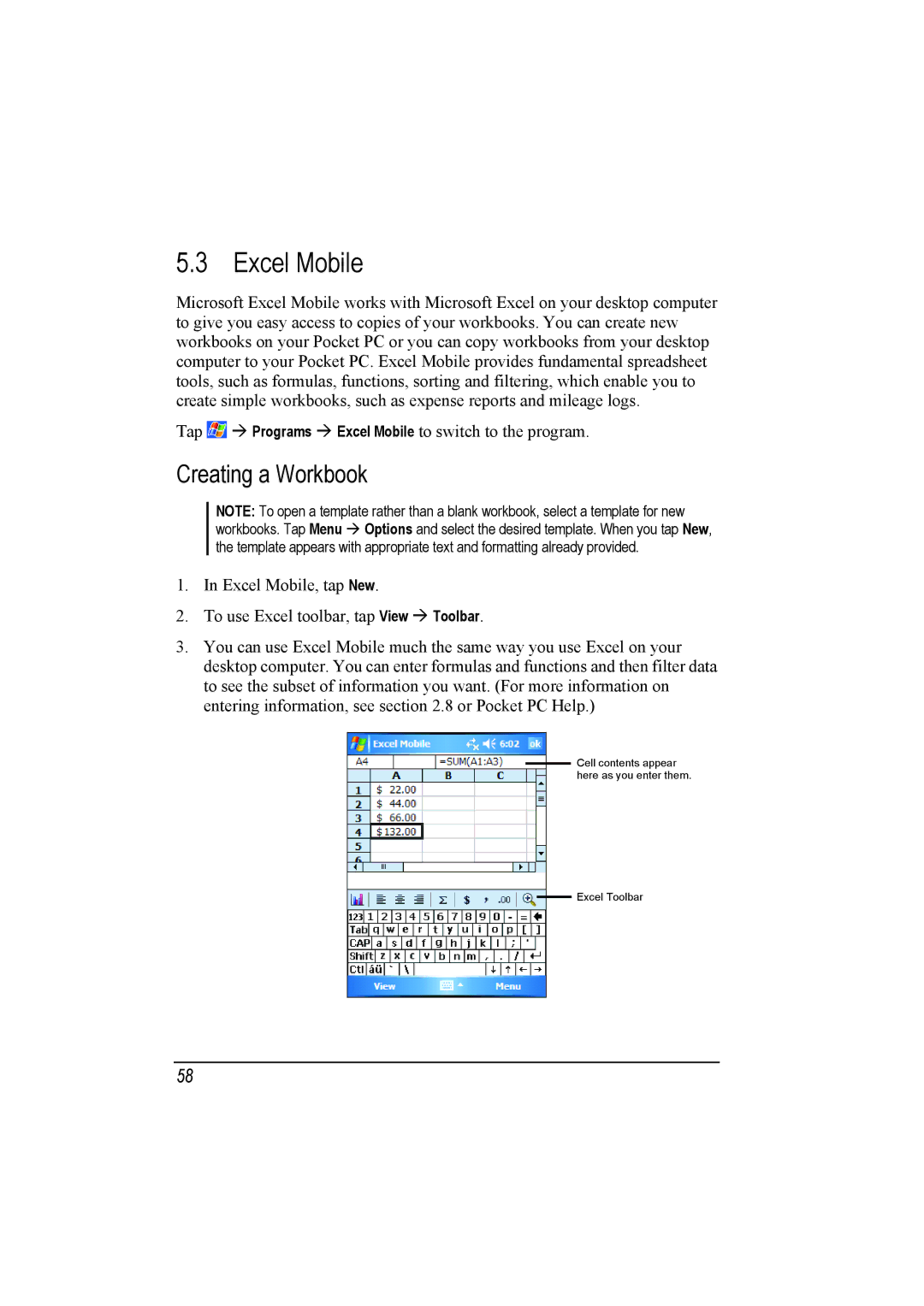 Mio A201 manual Creating a Workbook, Excel Mobile to switch to the program, To use Excel toolbar, tap View 