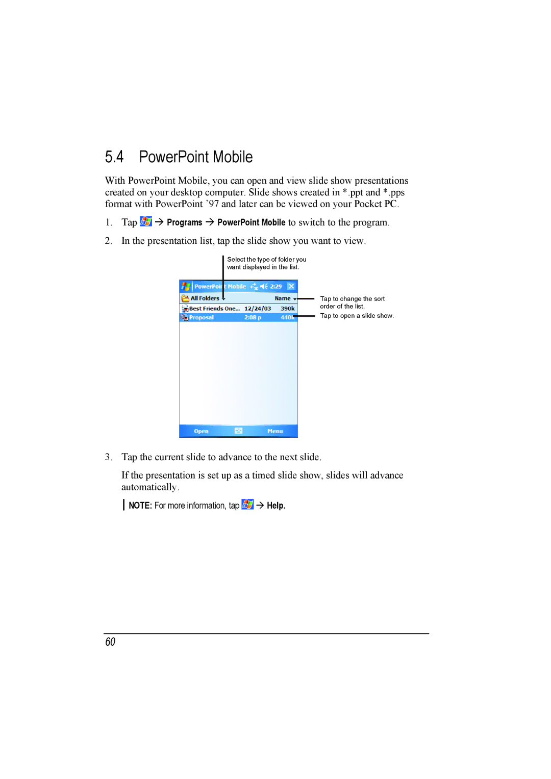 Mio A201 manual PowerPoint Mobile to switch to the program 