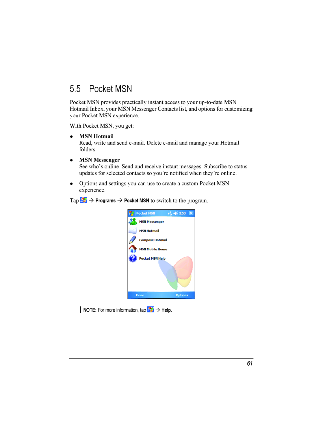 Mio A201 manual Pocket MSN, MSN Hotmail, MSN Messenger 