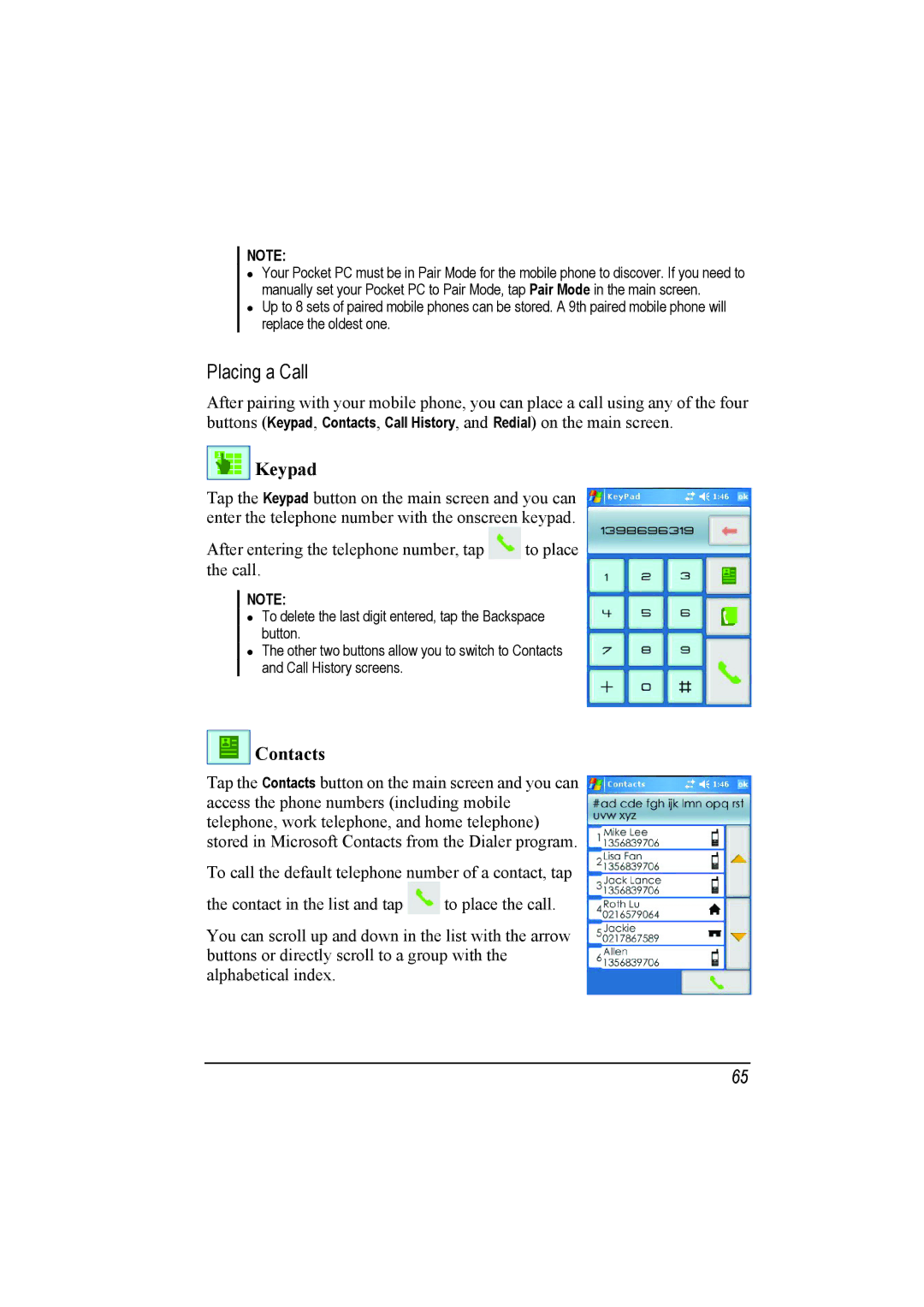 Mio A201 manual Placing a Call, Keypad 