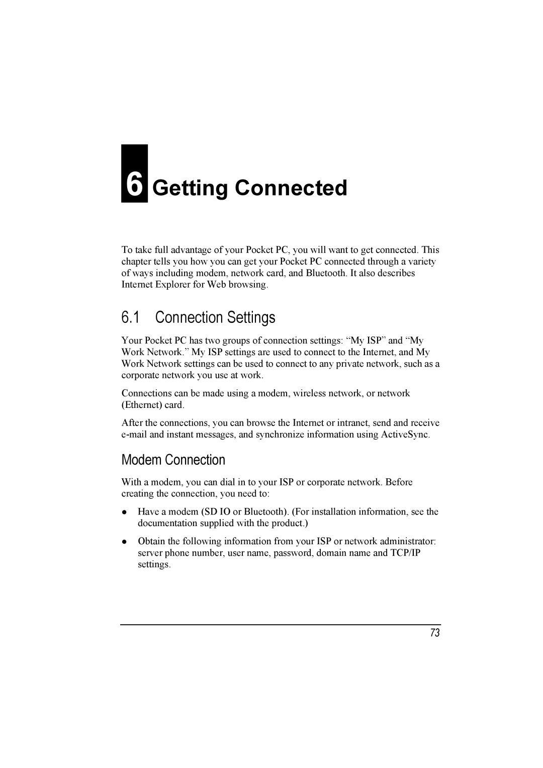 Mio A201 manual Getting Connected, Connection Settings, Modem Connection 