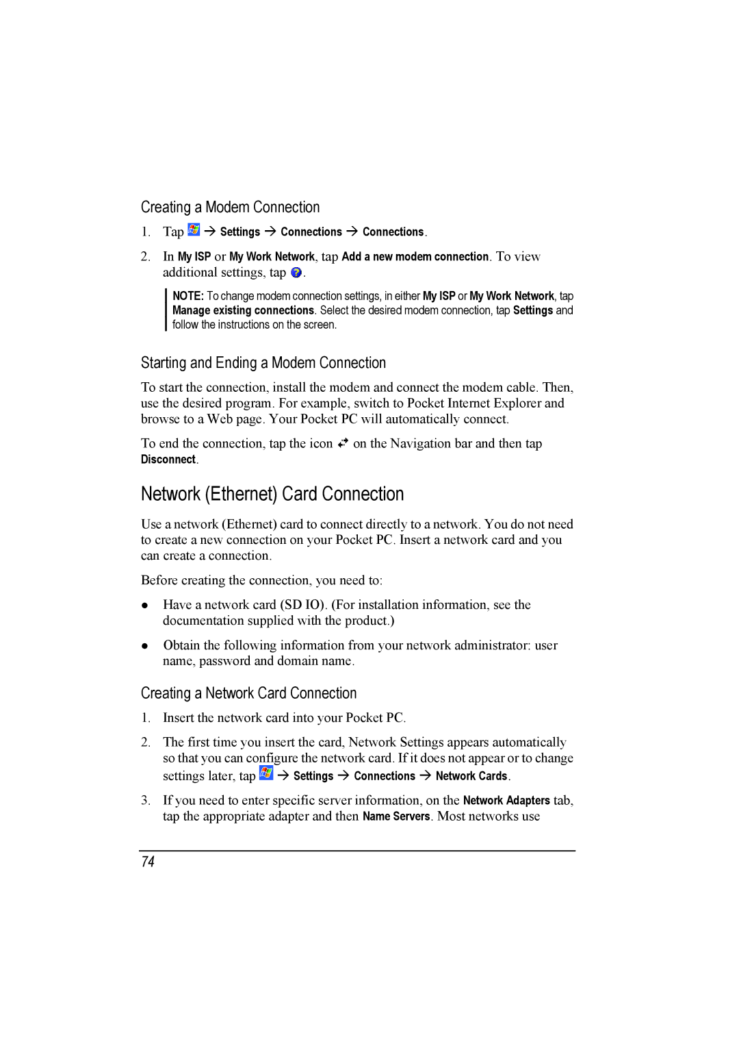 Mio A201 manual Network Ethernet Card Connection, Creating a Modem Connection, Starting and Ending a Modem Connection 