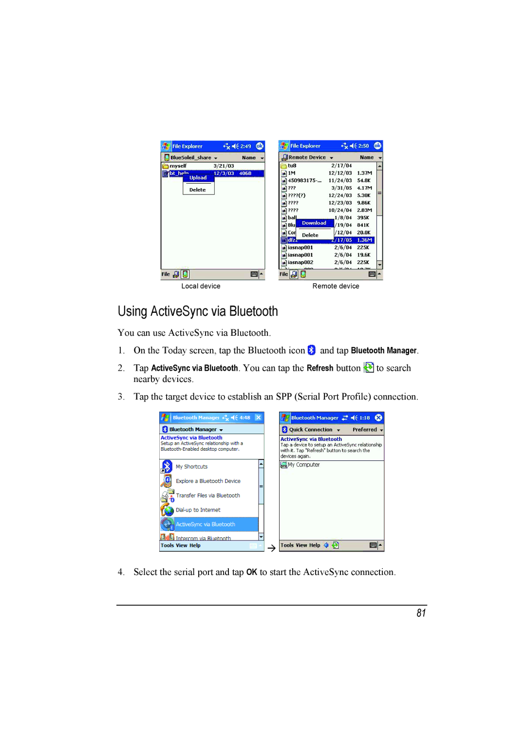 Mio A201 manual Using ActiveSync via Bluetooth 