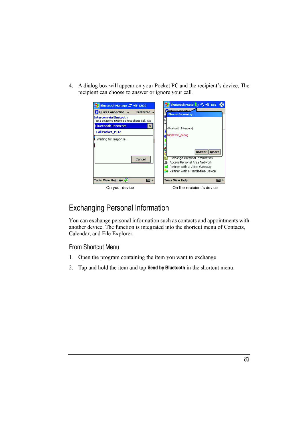 Mio A201 manual Exchanging Personal Information, From Shortcut Menu 